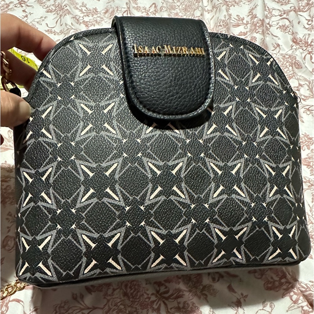 Issac mizrahi Small Black With Gray M initials, Faux Leather handbag Gold Strap